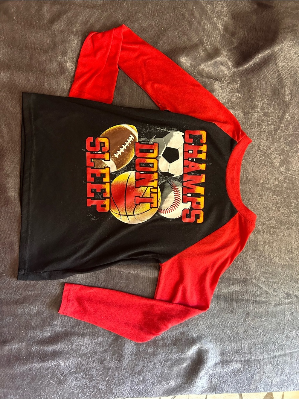 Youth Red and Black Raglan Long Sleeve Tee - 'Champs Don't Sleep' Graphic